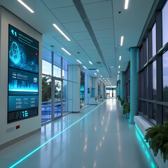  This image depicts a modern, high-tech hallway, possibly in a hospital or research facility. Here's a breakdown of the key elements: