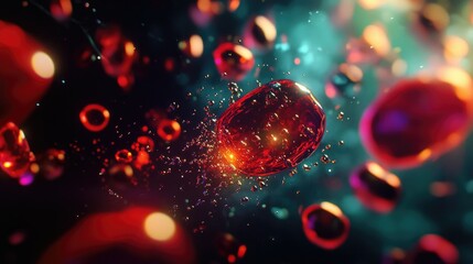 Poster - A close-up shot of red blood cells in motion, beautifully captured with vibrant hues and unique cellular structure.