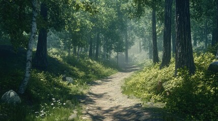 Poster - A forest path surrounded by tall trees with vibrant green foliage, inviting one to explore the beauty of the natural world.