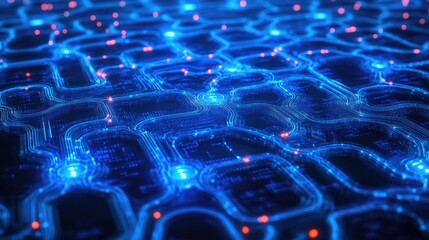 Poster - A futuristic abstract blue digital background with glowing data lines and interconnected nodes, symbolizing advanced technology.