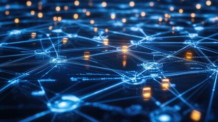 Poster - A futuristic abstract blue digital background with glowing data lines and interconnected nodes, symbolizing advanced technology.