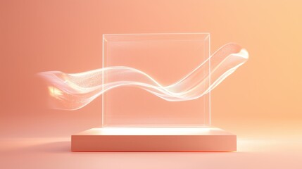 Poster - Ethereal Glass Cube with Flowing Light Waves on a Soft Orange Background, Perfect for Abstract Art and Modern Design Concepts