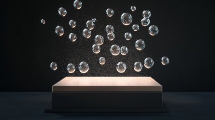 Poster - Floating Bubbles Above a Glossy Surface in a Dark Setting with a Soft Shimmering Light, Creating an Ethereal and Dreamlike Atmosphere for Art and Design Concepts