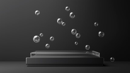 Poster - Transparent display platform with floating soap bubbles on a minimalist dark backdrop, showcasing a modern aesthetic for product presentation and advertising purposes