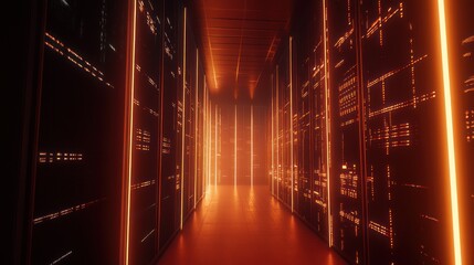 Poster - Futuristic Server Room with Glowing Orange Lights