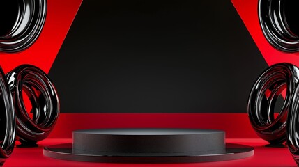 Poster - Modern Studio Display with Black and Red Background Featuring Circular Elements and a Center Stage Ideal for Product Showcases or Artistic Presentations