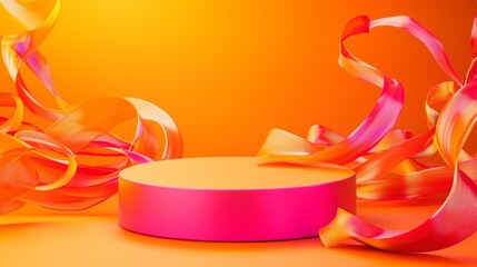 Poster - Vibrant Display Podium with Colorful Ribbons on an Abstract Orange Background for Product Presentation or Marketing Concepts