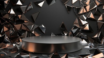 Poster - Abstract geometric background featuring sharp metallic triangles surrounding a circular pedestal in a dark environment, perfect for product displays or artistic visuals
