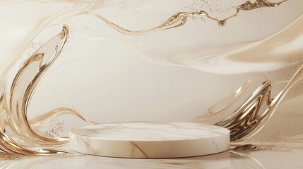 Poster - Elegant golden abstract waves with marble round podium in a soft white background for product placement in modern design and advertising visuals