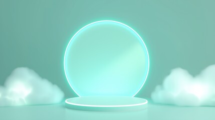 Poster - Soft Minty Atmosphere with Glowing Circular Platform Surrounded by Light Clouds for Modern and Futuristic Visual Projects
