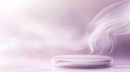Poster - Elegant translucent platform with flowing smoke effect on a soft pastel background, perfect for product display or artistic presentations in contemporary design settings.