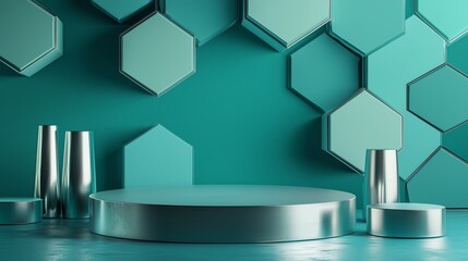 Poster - Contemporary Geometric Background with Mint Green and Metallic Elements for Modern Product Display and Creative Presentation in a Stylish Setting
