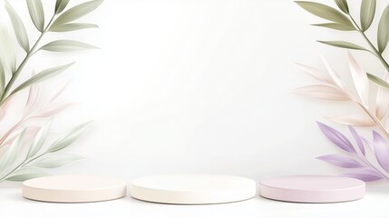 Poster - Serene Minimalist Display with Round Pedestals Surrounded by Soft Colorful Leaves for Elegant Product Presentations in Contemporary Room Design