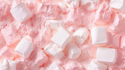 Poster - A top-down view of a pile of soft, pastel-colored marshmallows in pink and white, with a cozy and inviting look.