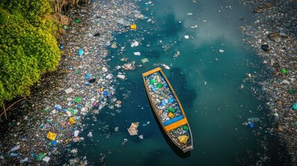 Poster - An aerial shot of plastic trash scattered across the ocean, revealing how pollution spreads far and wide over water bodies.
