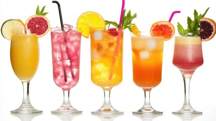 Poster - Bright, fruity non-alcoholic drinks in elegant tall glasses, featuring a variety of colors and garnishes, against a white background for a minimalist feel.
