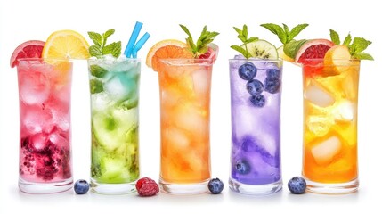 Poster - Bright, fruity non-alcoholic drinks in elegant tall glasses, featuring a variety of colors and garnishes, against a white background for a minimalist feel.