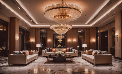Poster - A large room with a chandelier hanging from the ceiling. The room is filled with white furniture and has a modern design