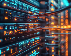 Aufkleber - high tech data center with glowing cables and advanced servers, showcasing vibrant lights and intric