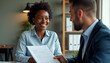 © PREM - A smiling African financial advisor, businesswoman, manager meeting with a male investor, colleague or client review documents and planning finance, tax in the office