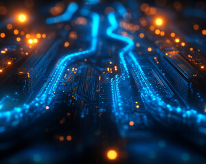 Poster - close up of glowing blue cables and circuits in high tech environment, showcasing intricate details 