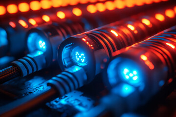 Poster - futuristic cables illuminated in blue and red, showcasing intricate designs and glowing lights, crea