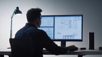 Fototapete - Professional Architect Working on Detailed Plans at Computer in Modern Office Environment with Blueprints on Screen and a Stylish Desk Lamp