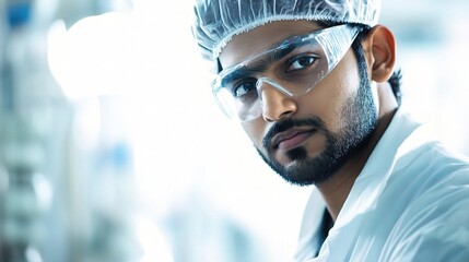 Poster - Professional Male Scientist in Laboratory Setting with Protective Eyewear, Hairnet, and Lab Coat, Engaged in Scientific Research and Analysis
