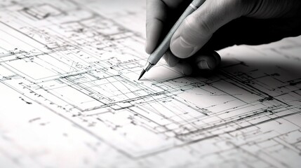 Wall Mural - Detailed Hand Drawing Architectural Plans with Precision Tools on a Blueprint Background Showing Complex Design and Layout Features