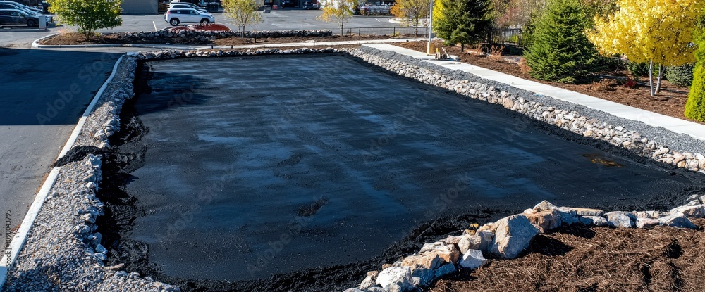 Newly Paved Asphalt Parking Lot with Rock Border and Landscaping Stock ...