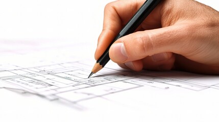 Poster - Detailed Hand Drawing Architectural Blueprints with Pencil on White Paper, Capturing Precision and Creativity in Architectural Design Process