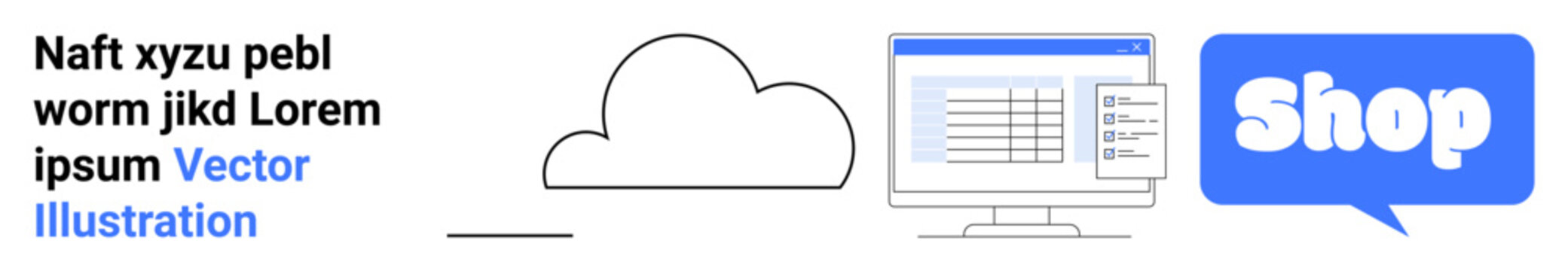 Cloud icon, computer monitor with chart, and shop speech bubble icon. Ideal for cloud services, online shopping, digital marketing, technology, and e-commerce. Banner for landing page