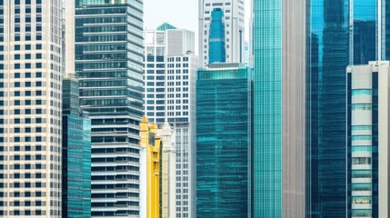 Poster - A cityscape with skyscrapers of diverse architectural styles symbolizing cultural diversity and urban development, Highlighting architectural diversity and city aesthetics, photography style