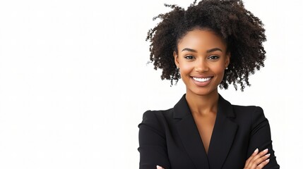 Wall Mural - Confident Young Woman Smiling with Natural Curly Hair in Professional Attire Against a Clean White Background