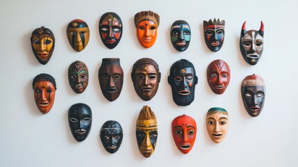 Aufkleber - A collection of diverse masks from different cultures arranged in a circular pattern, symbolizing unity in diversity, hung on a plain wall