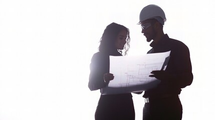 Poster - Silhouette of Two Professionals Examining Blueprint for Construction Project, Featuring Engineer and Architect in a Modern Workspace Setting