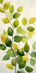 Poster - A beautifully painted branch with green and yellow leaves, showcasing the delicate beauty of nature in watercolor art.