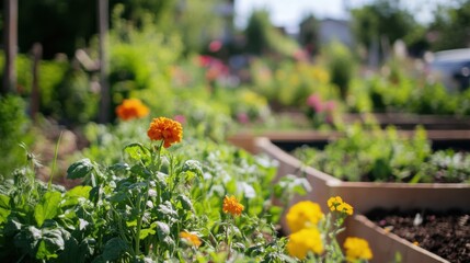 Poster - A community garden blooming with flowers from around the world, tended by volunteers of diverse abilities and ages, Reflecting environmental stewardship and inclusive gardening