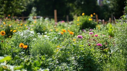 Poster - A community garden blooming with flowers from around the world, tended by volunteers of diverse abilities and ages, Reflecting environmental stewardship and inclusive gardening