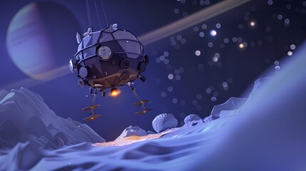 Wall Mural - a futuristic spacecraft hovers above the icy surface of uranus, with distant stars and faint rings v