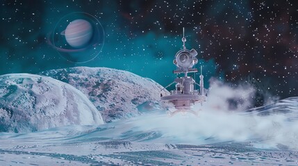 Wall Mural - a futuristic spacecraft hovers above the icy surface of uranus, with distant stars and faint rings v