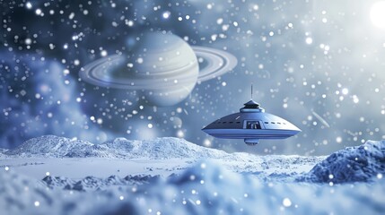 Wall Mural - a futuristic spacecraft hovers above the icy surface of uranus, with distant stars and faint rings v