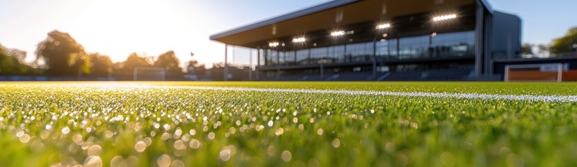 Aufkleber - A close-up view of a sports field with a modern stadium in the background during sunset.