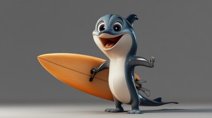Poster - A cheerful cartoon dolphin holding a surfboard, ready for fun in the water.