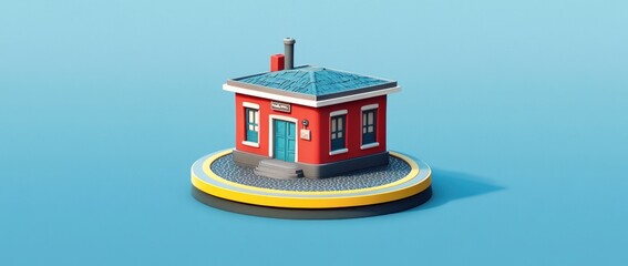 Poster - A colorful model of a small house with a blue roof, set against a light blue background.
