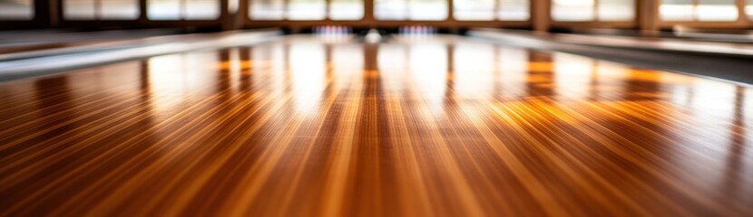 Poster - A close-up view of a polished wooden surface, likely a bowling alley, reflecting light.