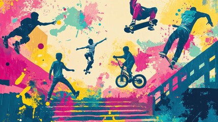 Aufkleber - A vibrant illustration of skateboarders and bikers in action, showcasing urban sports energy.