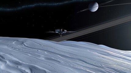Wall Mural - a futuristic spacecraft hovers above the icy surface of uranus, with distant stars and faint rings v