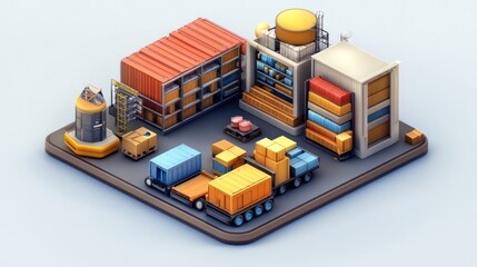 Poster - A stylized industrial scene featuring containers, storage, and machinery for logistics.