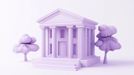 Poster - A stylized purple building with columns and trees, representing a classical architectural design.